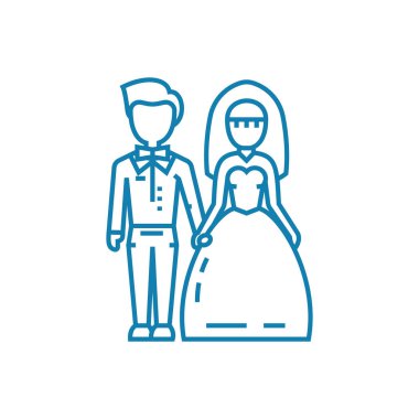 Düğün töreni doğrusal simgesi kavramı. Düğün töreni çizgi vektör işaret, sembol, şekil.