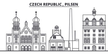 Çek Cumhuriyeti, Pilsen manzarası vektör çizim line. Çek Cumhuriyeti, Pilsen doğrusal cityscape ünlü simge, şehir manzaraları, vektör tasarım peyzaj.