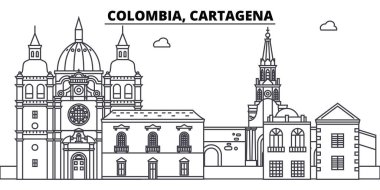 Kolombiya, Cartagena manzarası vektör çizim line. Kolombiya, Cartagena doğrusal cityscape ünlü simge, şehir manzaraları, vektör yatay ile. 