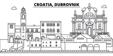Hırvatistan Dubrovnik satır manzarası vektör çizim. Hırvatistan, Dubrovnik doğrusal cityscape ünlü simge, şehir manzaraları, vektör yatay ile. 