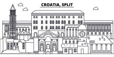 Hırvatistan Split satır manzarası vektör çizim. Hırvatistan, ünlü simge, şehir manzaraları, vektör yatay Split doğrusal cityscape. 