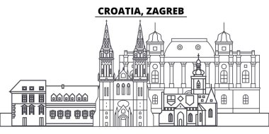 Hırvatistan, Zagreb manzarası vektör çizim line. Hırvatistan, Zagreb ile ünlü simge, şehir manzaraları, vektör yatay doğrusal cityscape. 