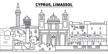 Kıbrıs, Limasol manzarası vektör çizim line. Kıbrıs, Limasol doğrusal cityscape ünlü simge, şehir manzaraları, vektör yatay ile. 