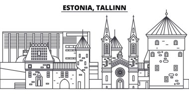 Estonya, Tallinn manzarası vektör çizim line. Estonya, Tallinn doğrusal cityscape ünlü simge, şehir manzaraları, vektör yatay ile. 
