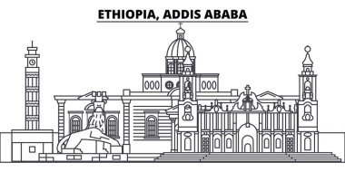 Etiyopya Addis Ababa satır manzarası vektör çizim. Etiyopya, Addis Ababa doğrusal cityscape ünlü simge, şehir manzaraları, vektör yatay ile. 