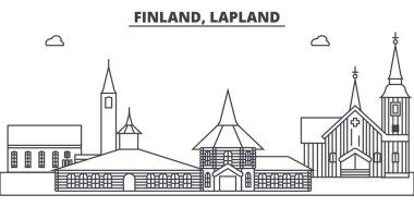 Finlandiya, Lapland manzarası vektör çizim line. Finlandiya, Lapland doğrusal cityscape ünlü simge, şehir manzaraları, vektör yatay ile. 