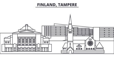 Finlandiya, Tampere manzarası vektör çizim line. Finlandiya, Tampere doğrusal cityscape ünlü simge, şehir manzaraları, vektör yatay ile. 