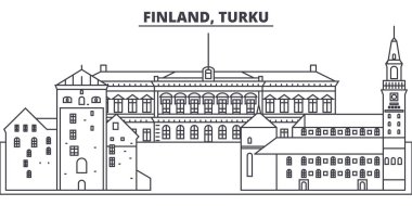 Finlandiya, Turku manzarası vektör çizim line. Finlandiya, Turku ile ünlü simge, şehir manzaraları, vektör yatay doğrusal cityscape. 