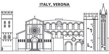 İtalya, Verona manzarası vektör çizim line. İtalya, Verona ile ünlü simge, şehir manzaraları, vektör yatay doğrusal cityscape. 