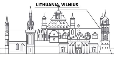 Litvanya, Vilnius manzarası vektör çizim line. Ünlü simge, şehir manzaraları, vektör yatay doğrusal cityscape Vilnius, Litvanya. 