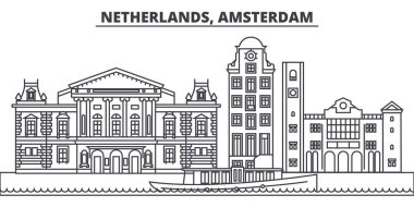 Hollanda, Amsterdam manzarası vektör çizim line. Hollanda, Amsterdam ünlü simge, şehir manzaraları, vektör yatay doğrusal cityscape. 