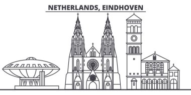 Hollanda, Eindhoven manzarası vektör çizim line. Hollanda, Eindhoven doğrusal cityscape ünlü simge, şehir manzaraları, vektör yatay ile. 