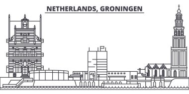 Hollanda, Groningen manzarası vektör çizim line. Hollanda, Groningen ile ünlü simge, şehir manzaraları, vektör yatay doğrusal cityscape. 