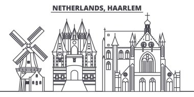 Hollanda, Haarlem manzarası vektör çizim line. Hollanda, Haarlem doğrusal cityscape ünlü simge, şehir manzaraları, vektör yatay ile. 