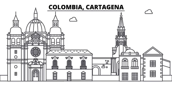Colombia, Cartagena línea skyline vector ilustración. Colombia, Cartagena paisaje urbano lineal con monumentos famosos, vistas de la ciudad, paisaje vectorial . — Archivo Imágenes Vectoriales