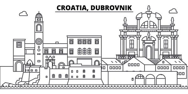 Chorvatsko, Dubrovník linie Panorama vektorové ilustrace. Chorvatsko, Dubrovník lineární panoráma s slavných památek, pamětihodností města, Vektor krajina. — Stockový vektor