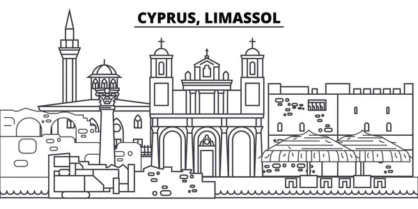 Cipro, Limassol linea skyline vettoriale illustrazione. Cipro, Limassol paesaggio urbano lineare con monumenti famosi, monumenti della città, paesaggio vettoriale . — Vettoriale Stock