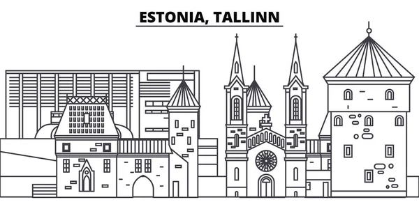 Estonia, línea Tallinn skyline vector ilustración. Estonia, Tallin paisaje urbano lineal con monumentos famosos, lugares de interés de la ciudad, paisaje vectorial . — Vector de stock