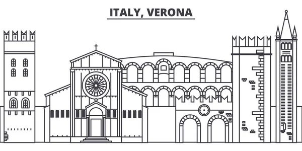 Италия, Верона, векторная иллюстрация по горизонту. Италия, Верона линейный городской пейзаж с известными достопримечательностями, достопримечательностями города, векторным ландшафтом . — стоковый вектор