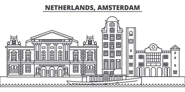 Paesi Bassi, Amsterdam linea skyline vettoriale illustrazione. Paesi Bassi, Amsterdam paesaggio urbano lineare con famosi punti di riferimento, attrazioni della città, paesaggio vettoriale . — Vettoriale Stock