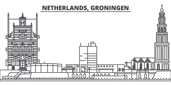 Hollanda, Groningen manzarası vektör çizim line. Hollanda, Groningen ile ünlü simge, şehir manzaraları, vektör yatay doğrusal cityscape. — Stok Vektör