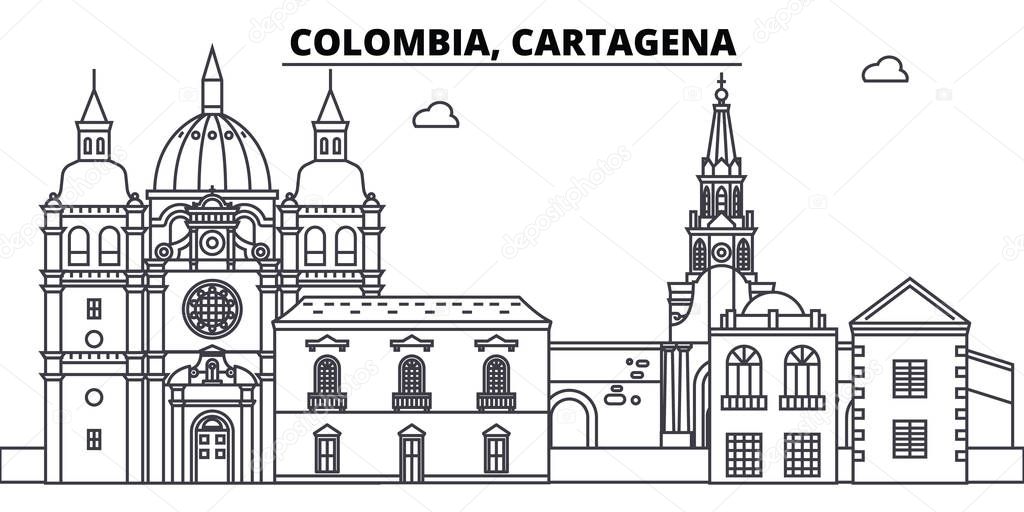 Colombia, Cartagena line skyline vector illustration. Colombia, Cartagena linear cityscape with famous landmarks, city sights, vector landscape. 
