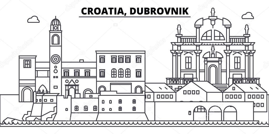 Croatia, Dubrovnik line skyline vector illustration. Croatia, Dubrovnik linear cityscape with famous landmarks, city sights, vector landscape. 