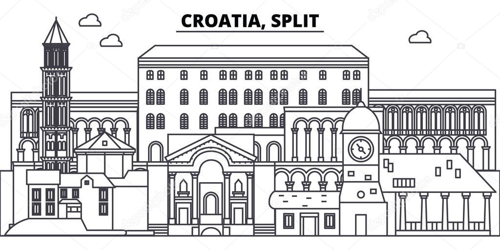 Croatia, Split line skyline vector illustration. Croatia, Split linear cityscape with famous landmarks, city sights, vector landscape. 
