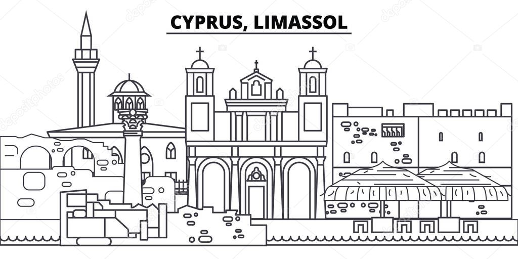 Cyprus, Limassol line skyline vector illustration. Cyprus, Limassol linear cityscape with famous landmarks, city sights, vector landscape. 