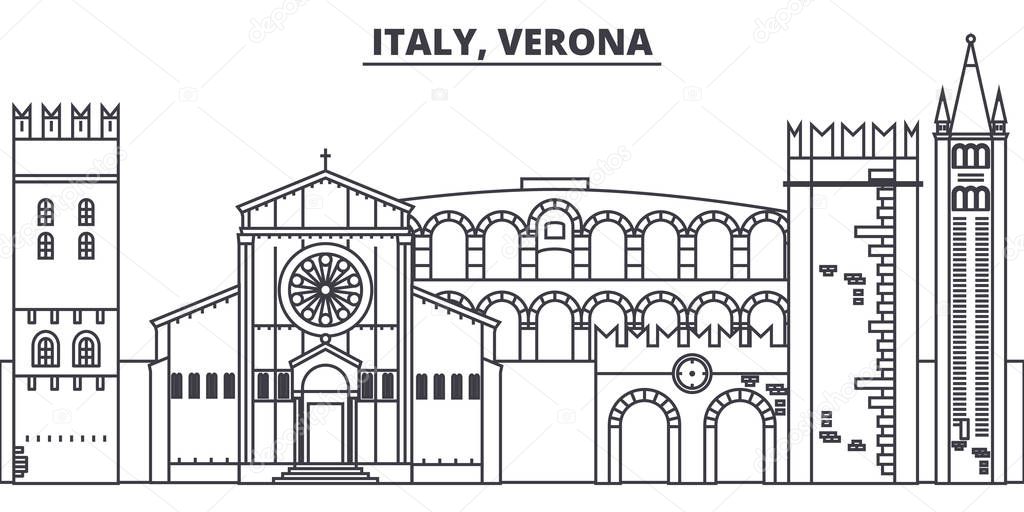 Italy, Verona line skyline vector illustration. Italy, Verona linear cityscape with famous landmarks, city sights, vector landscape. 