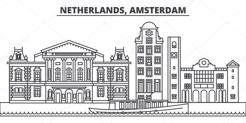 Netherlands, Amsterdam line skyline vector illustration. Netherlands, Amsterdam linear cityscape with famous landmarks, city sights, vector landscape. 