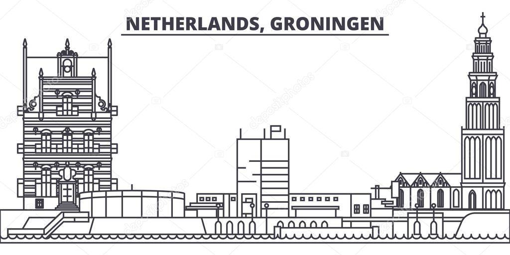 Netherlands, Groningen line skyline vector illustration. Netherlands, Groningen linear cityscape with famous landmarks, city sights, vector landscape. 