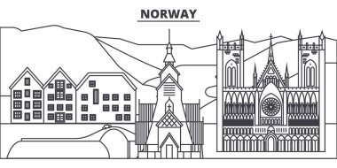 Norveç satır manzarası vektör çizim. Norveç ünlü simge, şehir manzaraları, vektör yatay doğrusal cityscape. 