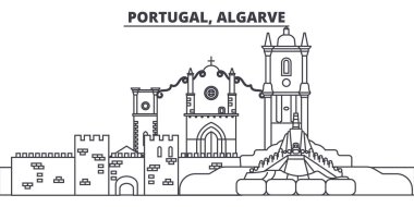 Portekiz Algarve satır manzarası vektör çizim. Ünlü simge, şehir manzaraları, vektör yatay doğrusal cityscape Algarve, Portekiz. 