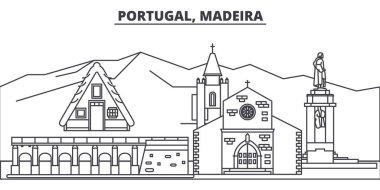 Portekiz, Madeira manzarası vektör çizim line. Portekiz, Madeira ile ünlü simge, şehir manzaraları, vektör yatay doğrusal cityscape. 