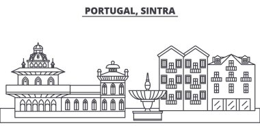 Sintra, Portekiz manzarası vektör çizim line. Portekiz, ünlü simge, şehir manzaraları, vektör Peyzaj Sintra doğrusal cityscape. 