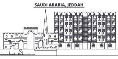 Suudi Arabistan Cidde satır manzarası vektör çizim. Suudi Arabistan, Cidde doğrusal cityscape ünlü simge, şehir manzaraları, vektör yatay ile. 