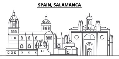 İspanya, Salamanca manzarası vektör çizim line. İspanya, Salamanca doğrusal cityscape ünlü simge, şehir manzaraları, vektör yatay ile. 