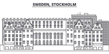 İsveç Stokholm satır manzarası vektör çizim. İsveç, Stockholm doğrusal cityscape ünlü simge, şehir manzaraları, vektör yatay ile. 