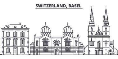 İsviçre, Basel manzarası vektör çizim line. İsviçre, Basel doğrusal cityscape ünlü simge, şehir manzaraları, vektör yatay ile. 