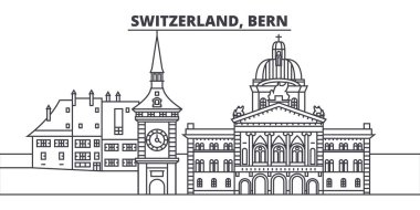 İsviçre Bern satır manzarası vektör çizim. İsviçre, Bern doğrusal cityscape ünlü simge, şehir manzaraları, vektör yatay ile. 