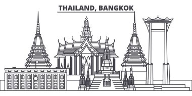 Tayland, Bangkok manzarası vektör çizim line. Tayland, Bangkok doğrusal cityscape ünlü simge, şehir manzaraları, vektör yatay ile. 