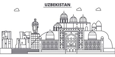 Özbekistan satır manzarası vektör çizim. Özbekistan ile ünlü simge, şehir manzaraları, vektör yatay doğrusal cityscape. 