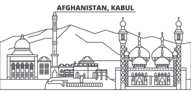 Afganistan, Kabil hattı manzarası vektör çizim. Afganistan, Kabil ile ünlü simge, şehir manzaraları, vektör yatay doğrusal cityscape. 