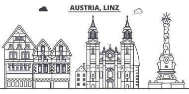 Avusturya Linz satır manzarası vektör çizim. Avusturya, Linz doğrusal cityscape ünlü simge, şehir manzaraları, vektör yatay ile. 