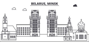 Belarus, Minsk satır manzarası vektör çizim. Belarus, Minsk doğrusal cityscape ünlü simge, şehir manzaraları, vektör yatay ile. 