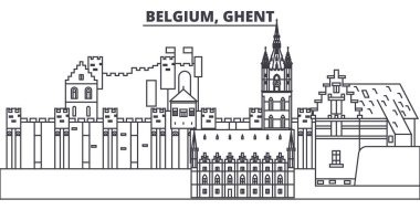 Belçika, Ghent manzarası vektör çizim line. Belçika, Ghent doğrusal cityscape ünlü simge, şehir manzaraları, vektör yatay ile. 