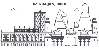 Azerbaycan, Bakü manzarası vektör çizim line. Azerbaycan, Bakü ile ünlü simge, şehir manzaraları, vektör yatay doğrusal cityscape. 
