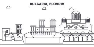 Bulgaristan, Plovdiv manzarası vektör çizim line. Bulgaristan, Plovdiv doğrusal cityscape ünlü simge, şehir manzaraları, vektör yatay ile. 