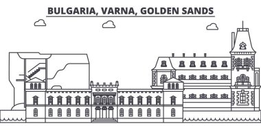 Bulgaristan, Varna, Golden Sands satır manzarası vektör çizim. Bulgaristan, Varna, Golden Sands doğrusal cityscape ile ünlü simge, şehir manzaraları, vektör manzara. 